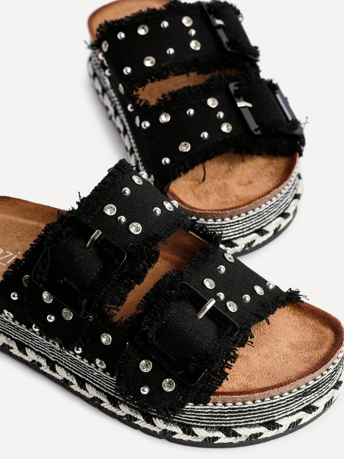 Bahama Black Diamante Flatform Sandals