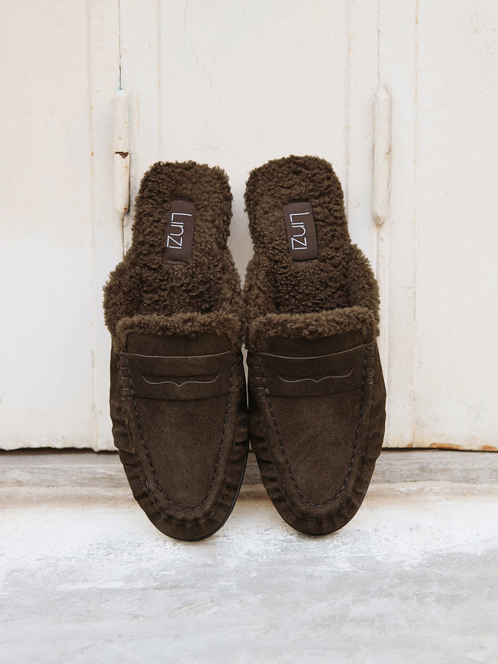 Introduction Brown Suede Leather Mules With Fur
