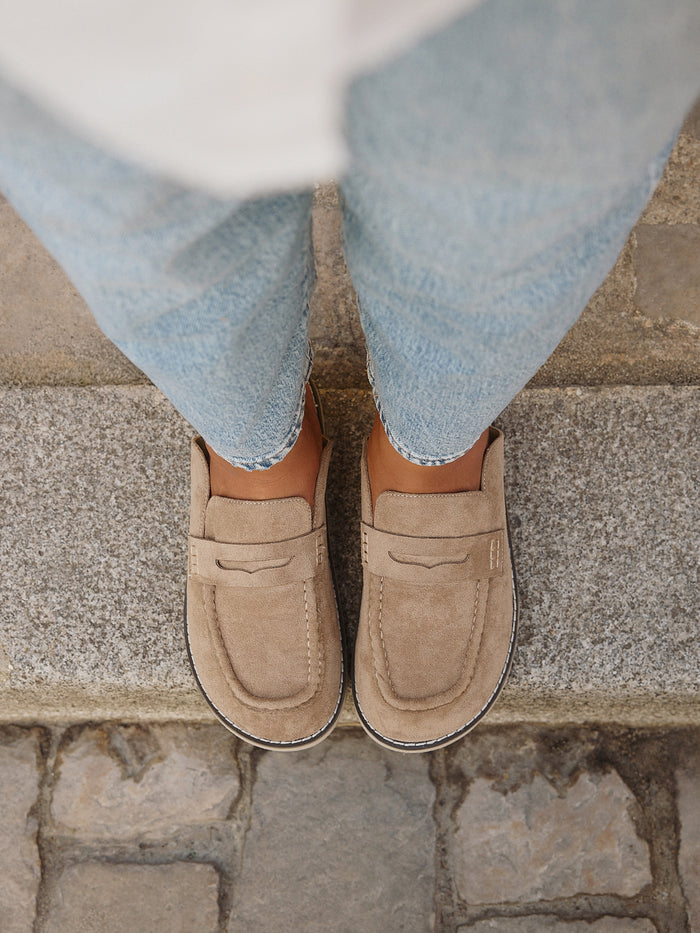 Invested Beige Faux Suede Mule Loafers