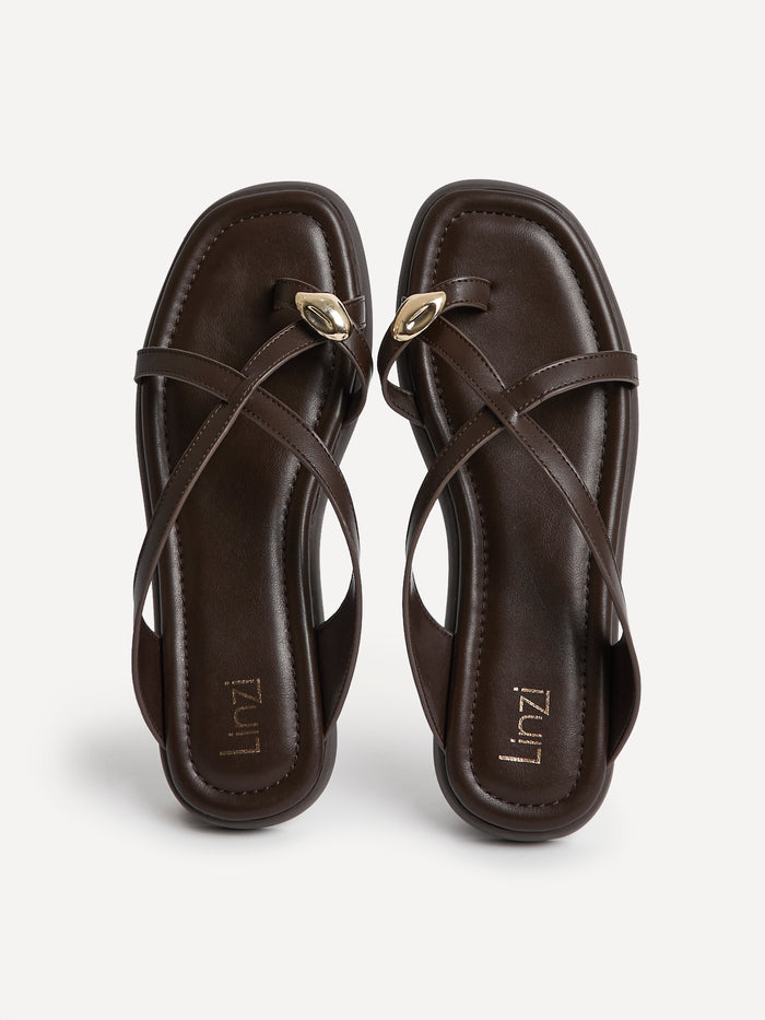Linea Brown Faux Leather Flat Sandals