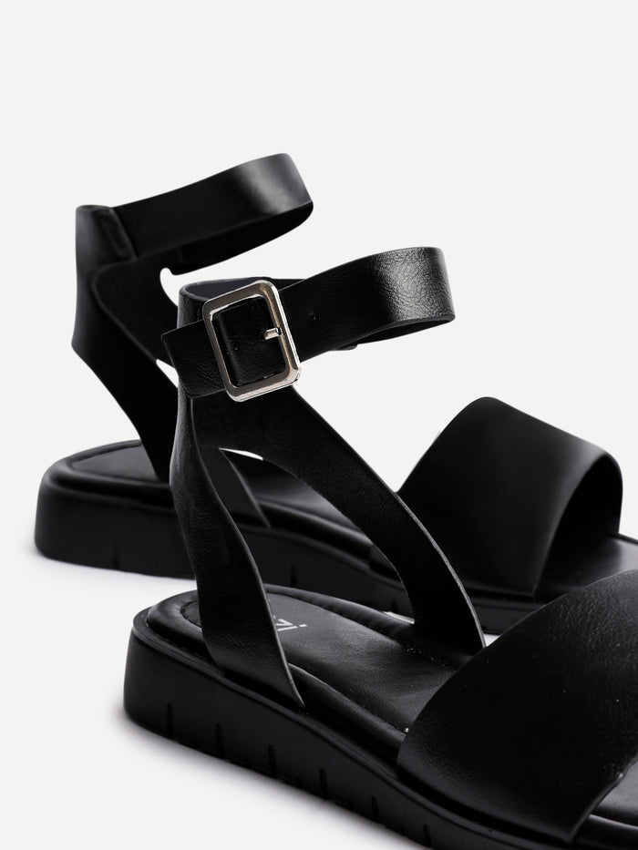 Nora Black Faux Leather Flat Sandals
