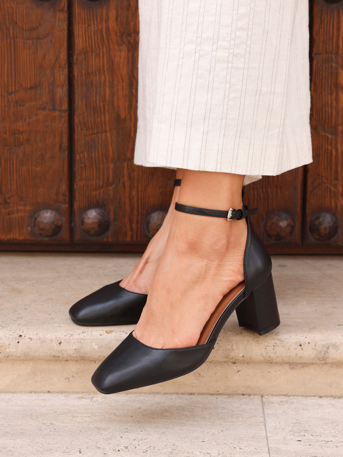 Sydney Black Faux Leather Square Toe Court Heels