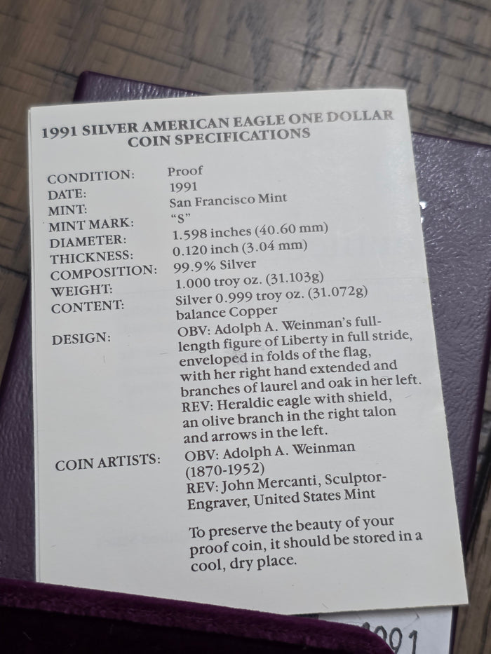 1991 SAE Proof Silver American Eagle $1 New in box