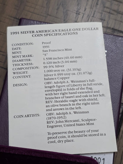1991 SAE Proof Silver American Eagle $1 New in box
