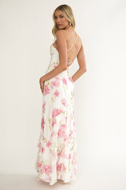 Charlisa Strappy Back Ruffle Maxi Dress Flowers White