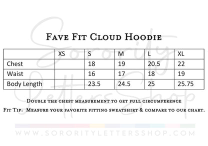Fave Fit Cloud Hoodie size chart with chest, waist, and body length measurements