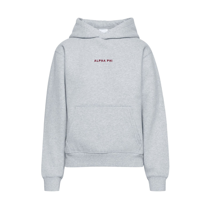 Light grey hoodie with Alpha Phi embroidered on chest