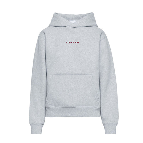 Light grey hoodie with Alpha Phi embroidered on chest
