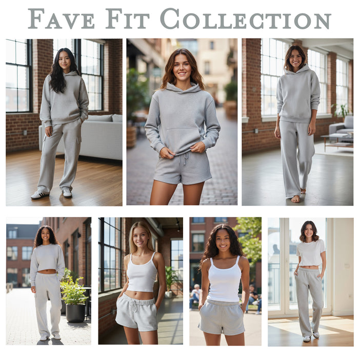 Selection of models in Fave Fit Collection loungewear including hoodie, pants, and shorts