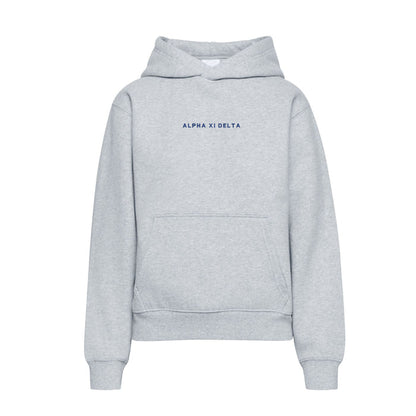 Heather gray Alpha Xi Delta hoodie with blue embroidered wordmark