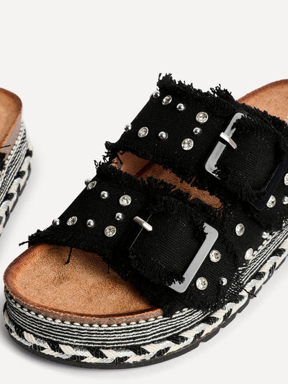 Bahama Black Diamante Flatform Sandals