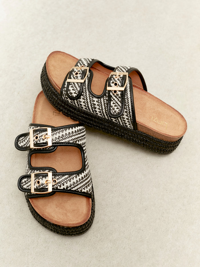 Cici Black Double Buckle Flatform Sandals