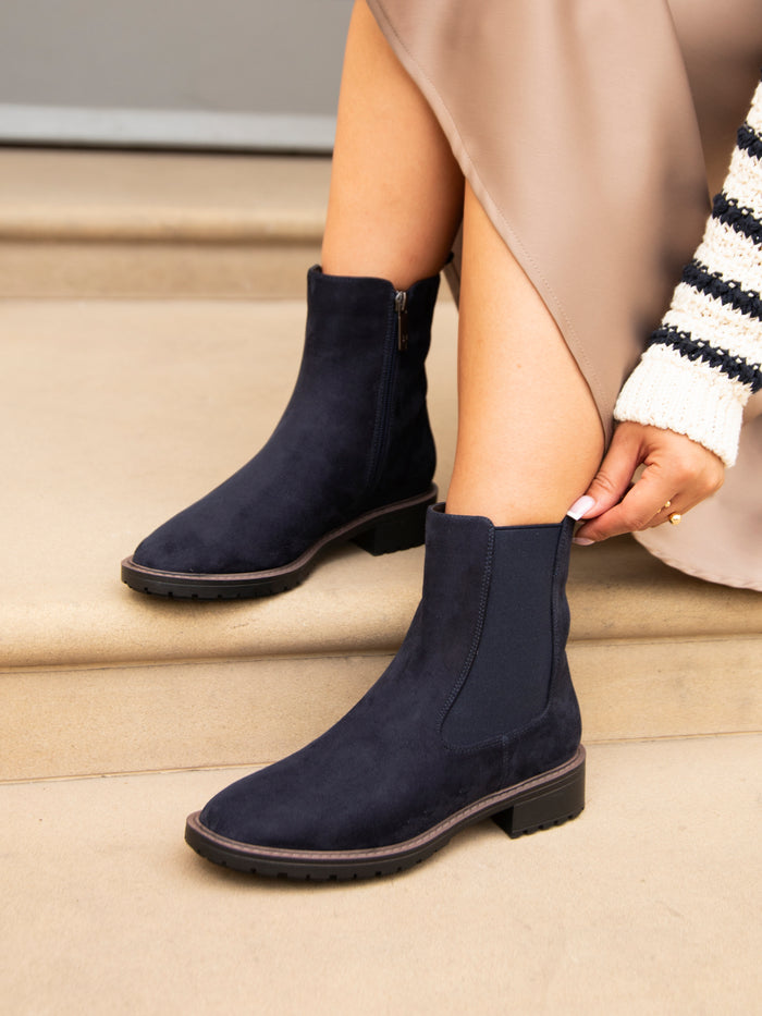 Dalston Navy Faux Suede Chelsea Boots