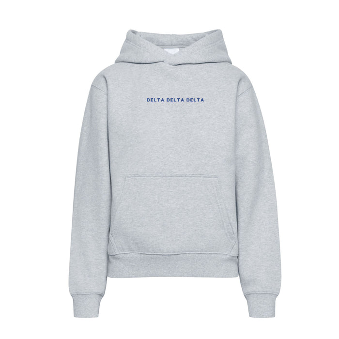 Heather gray Delta Delta Delta hoodie with navy embroidered wordmark