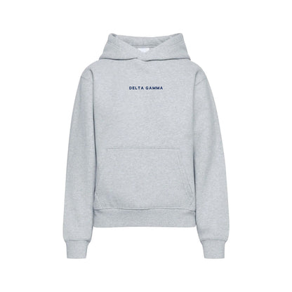 Gray Delta Gamma hoodie flat lay with embroidered wordmark
