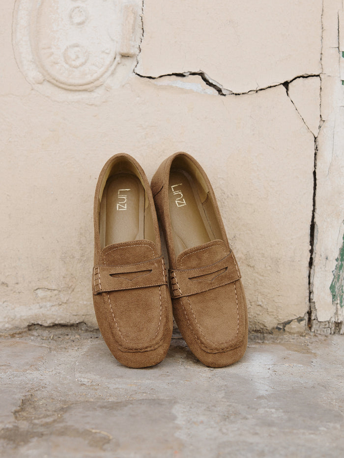 Edition Tan Faux Suede Print Penny Loafers
