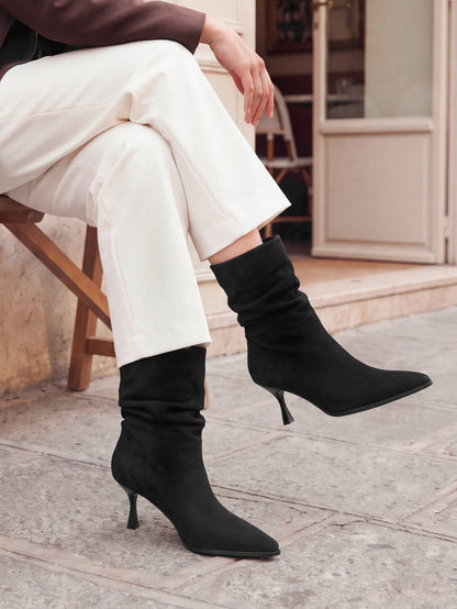 Effect Black Faux Suede Ruched Ankle Boots