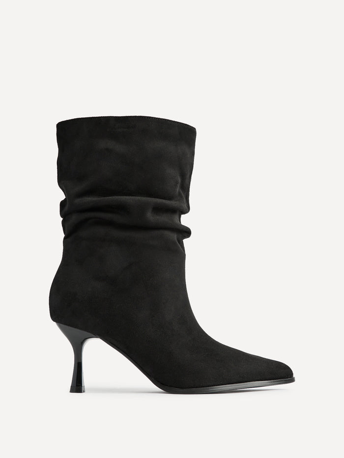 Effect Black Faux Suede Ruched Ankle Boots