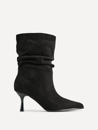Effect Black Faux Suede Ruched Ankle Boots