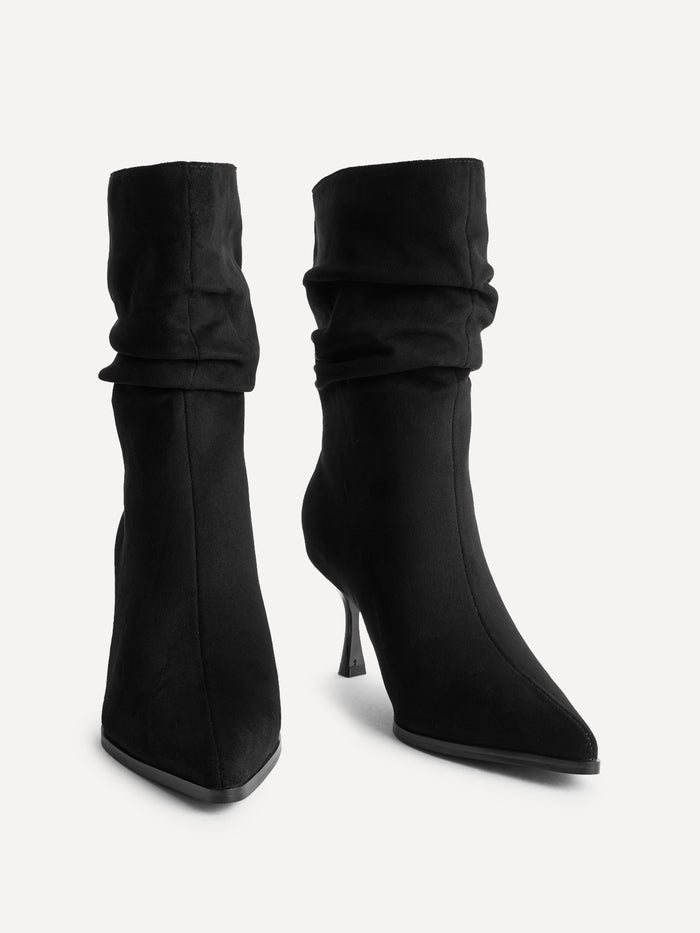 Effect Black Faux Suede Ruched Ankle Boots
