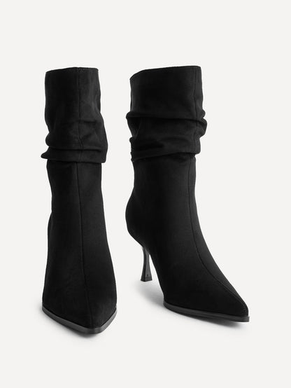 Effect Black Faux Suede Ruched Ankle Boots