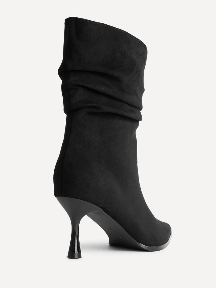 Effect Black Faux Suede Ruched Ankle Boots