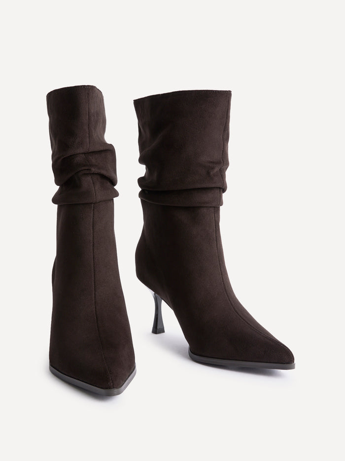 Effect Brown Faux Suede Ruched Ankle Boots