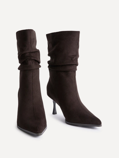 Effect Brown Faux Suede Ruched Ankle Boots