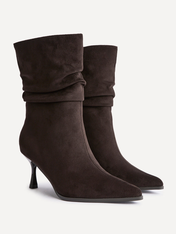 Effect Brown Faux Suede Ruched Ankle Boots