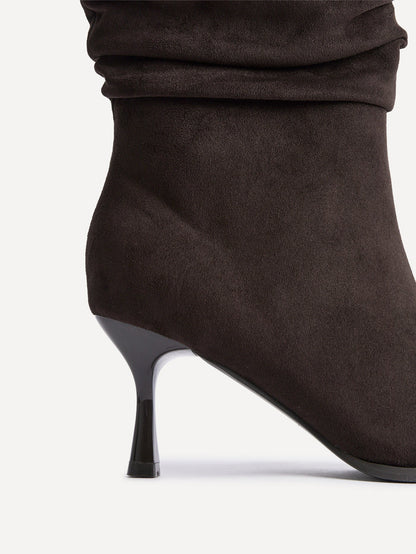 Effect Brown Faux Suede Ruched Ankle Boots