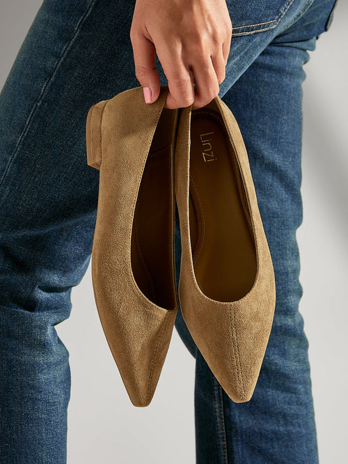 Focus Camel Faux Suede Pointed Toe Ballet Flats