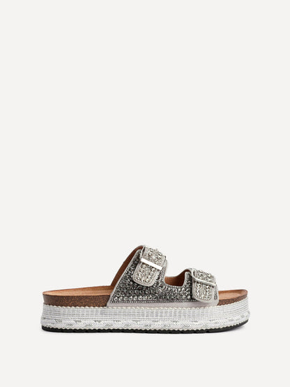 Glitzy Silver Diamante Flatform Slider Sandals