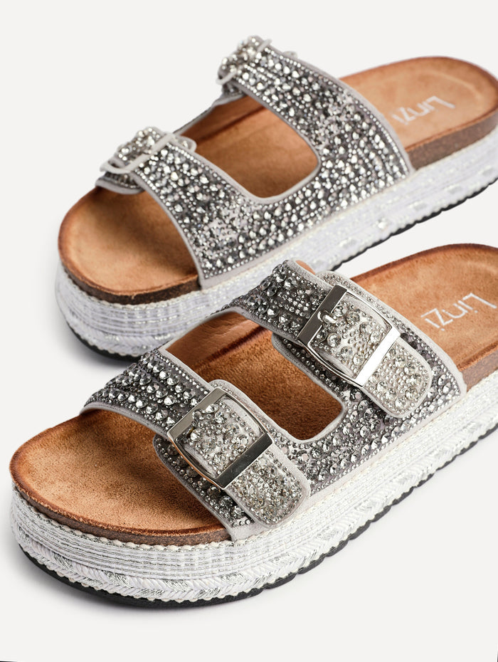 Glitzy Silver Diamante Flatform Slider Sandals