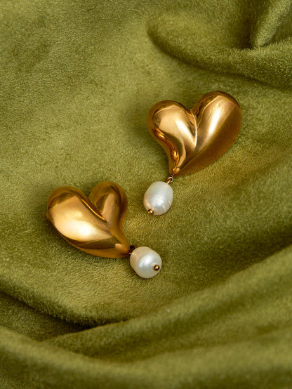 Heartfelt Gold Heart Stud Pearl Earrings