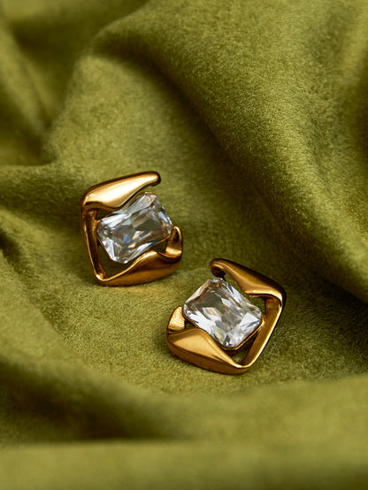 Ice Gold Crystal Square Stud Earrings
