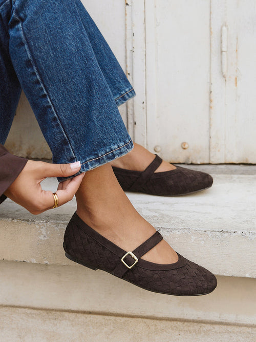 Index Brown Faux Suede Handwoven Mary Jane Pumps