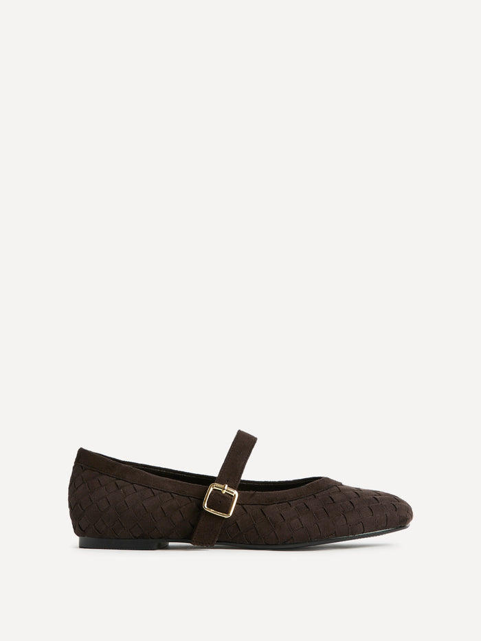 Index Brown Faux Suede Handwoven Mary Jane Pumps