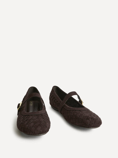 Index Brown Faux Suede Handwoven Mary Jane Pumps