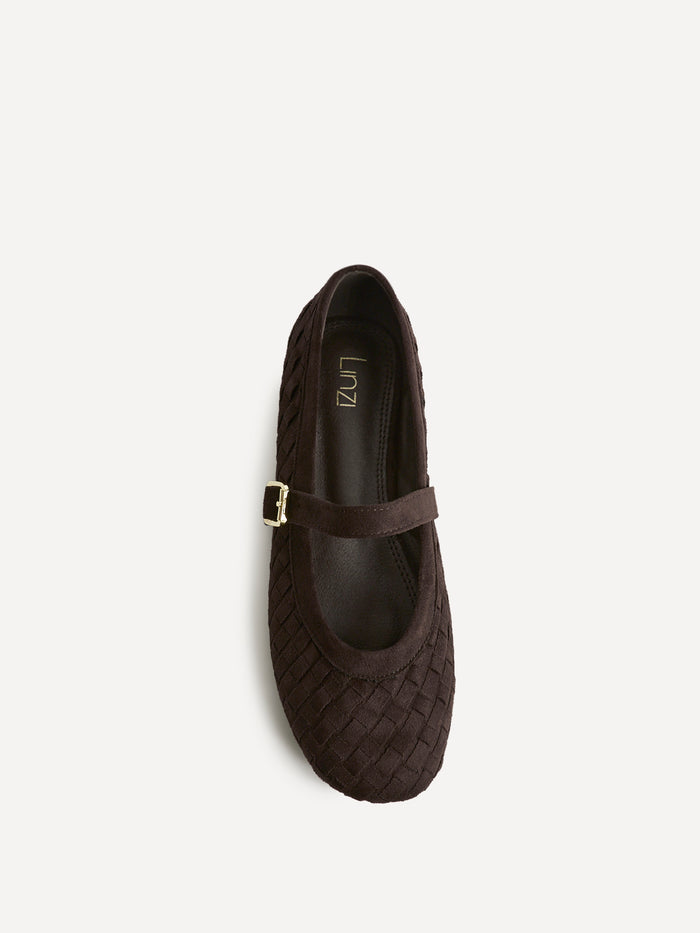 Index Brown Faux Suede Handwoven Mary Jane Pumps