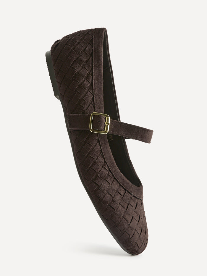 Index Brown Faux Suede Handwoven Mary Jane Pumps