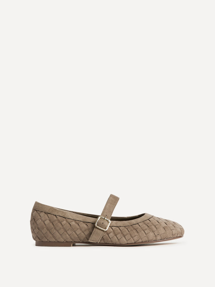 Index Taupe Faux Suede Handwoven Mary Jane Pumps