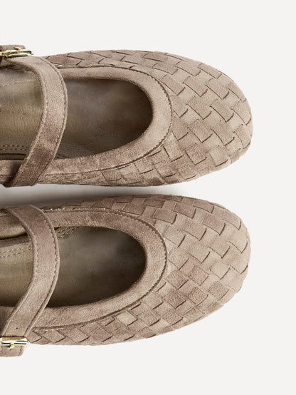 Index Taupe Faux Suede Handwoven Mary Jane Pumps