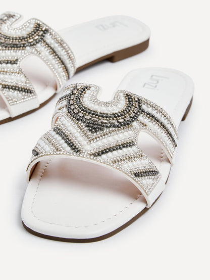 Indira White Aztec Embellished Sandals