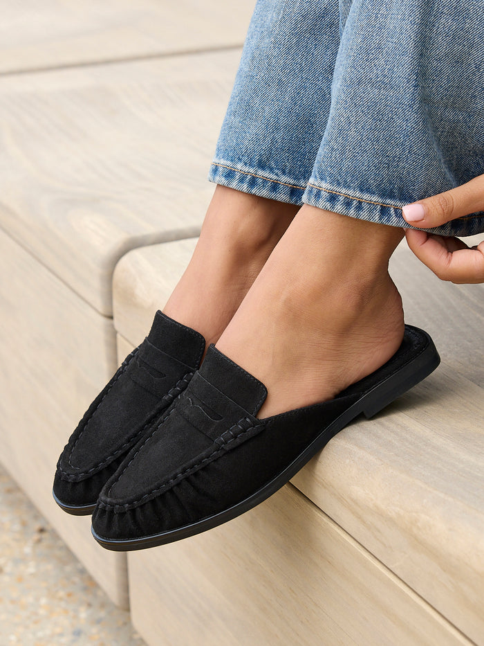 Intro Black Suede Leather Slip On Mules