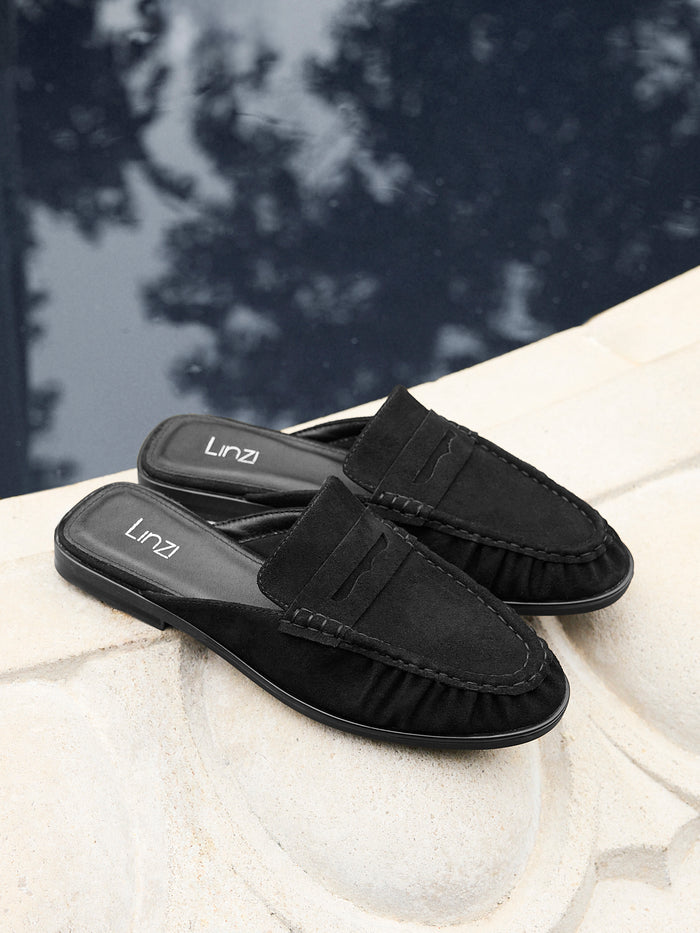 Intro Black Suede Leather Slip On Mules