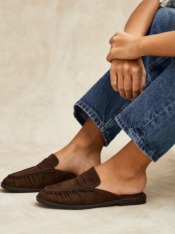 Intro Brown Suede Leather Slip On Mules