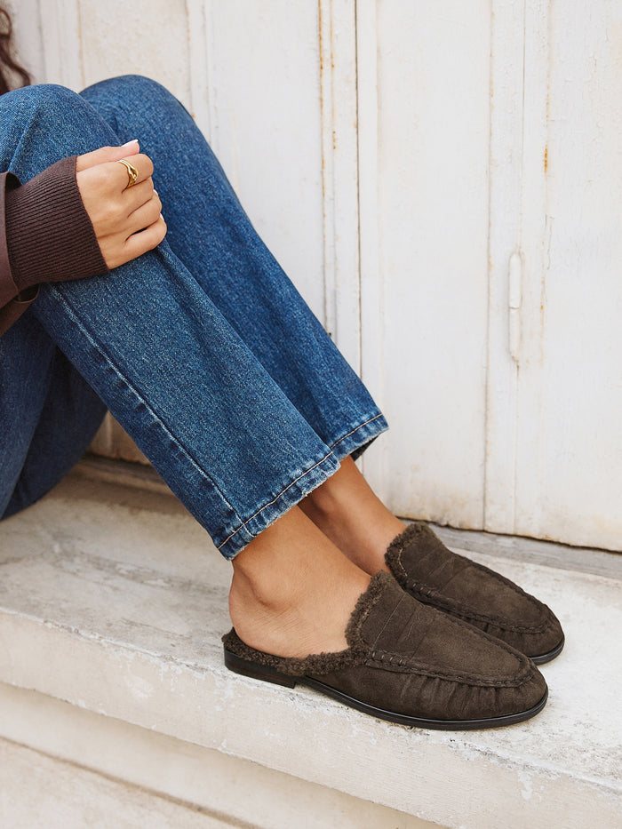 Introduction Brown Suede Leather Mules With Fur