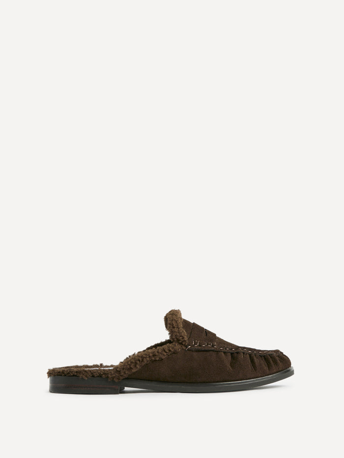 Introduction Brown Suede Leather Mules With Fur
