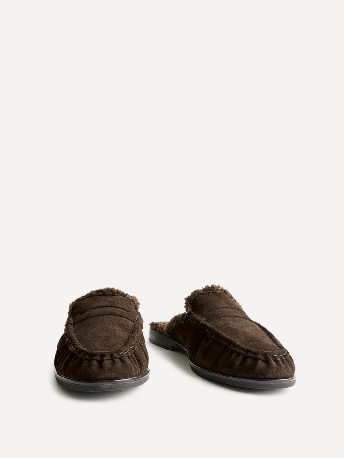 Introduction Brown Suede Leather Mules With Fur
