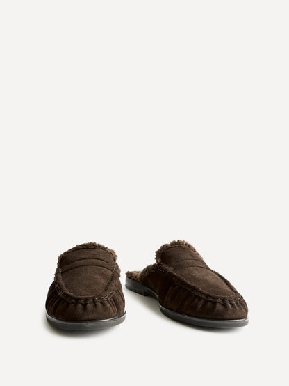 Introduction Brown Suede Leather Mules With Fur